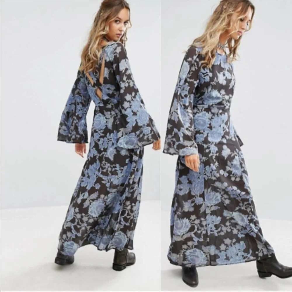 Free People Melrose Maxi Dress Womens 2 Blue Bell Sleeve Open Back Boho Romantic
